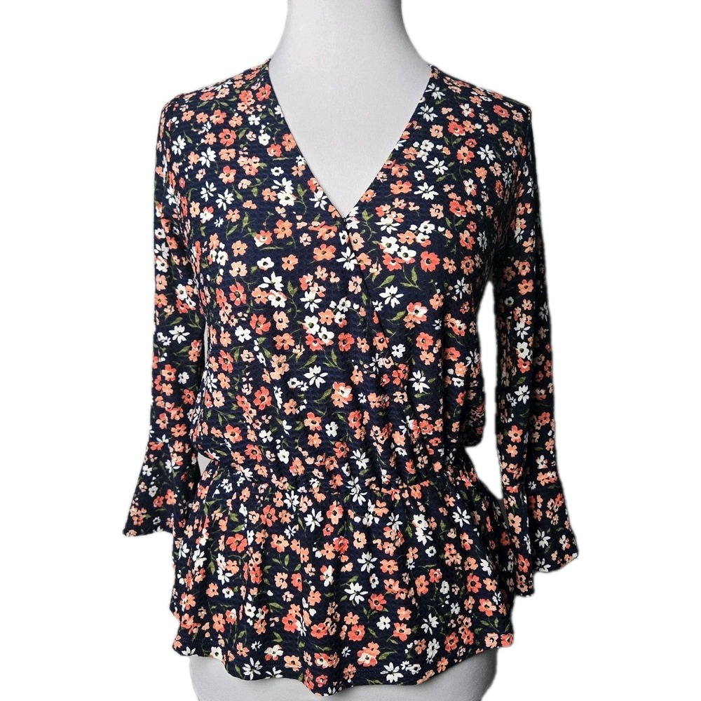 MK Michael Kors Blue Floral Peplum Style Faux‎ Wrap Top  Blouse Size P